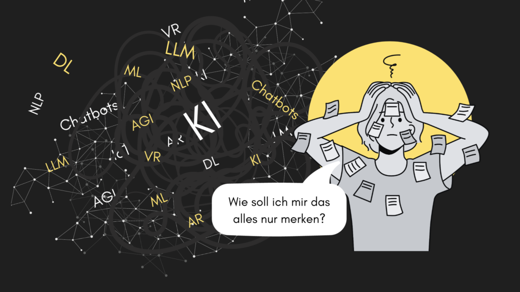 Verzettelte Person, die sich an den Kopf greift. Im Hintergrund sind lauter Kürzel aus dem bereich Künstliche Intelligenz: LLM, ML, DL, KI, AI, NLP, VR, AR